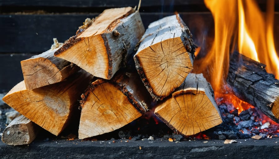 Stack of seasoned hardwood logs showing dry split ends for clean burning