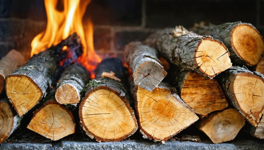 "Close-up of seasoned oak, maple, and ash logs with cracked end grain stacked near a clean-burning indoor fireplace, with warm amber firelight and a softly blurred mantel and tools in the background"