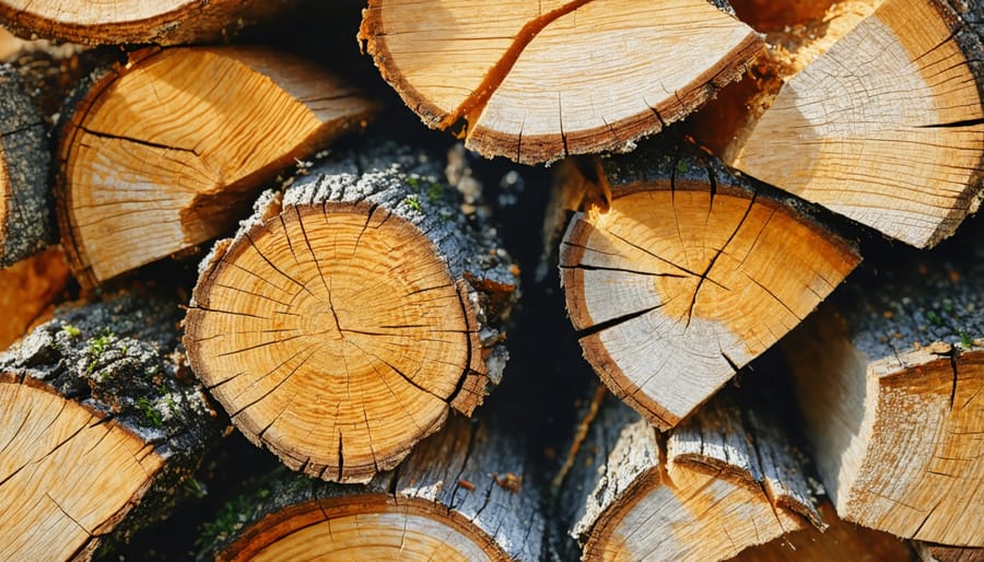 Close-up of seasoned hardwood logs showing split ends and dried texture