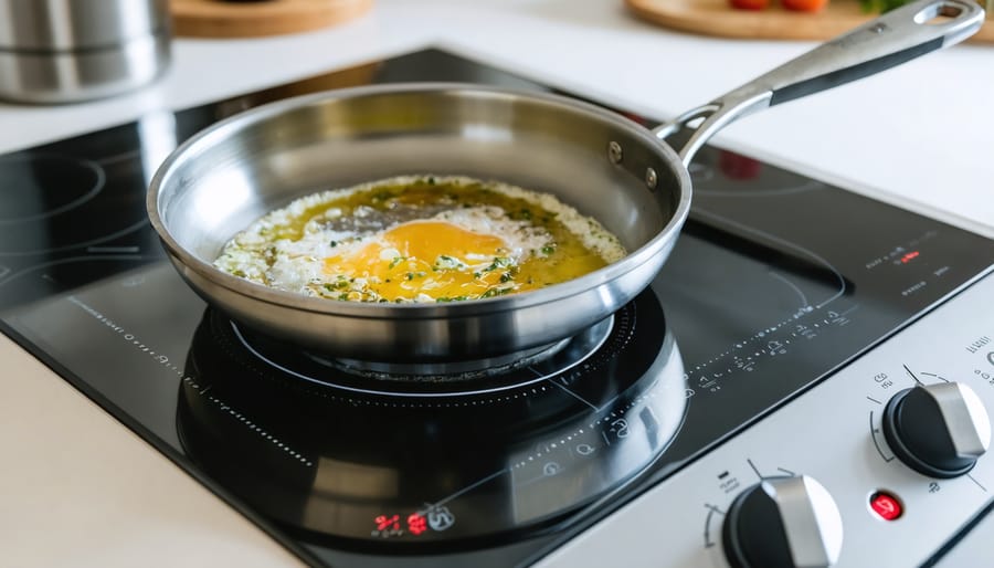 Close-up of a stainless-steel skillet on a glowing electric coil burner with a visible center temperature sensor, in a bright modern kitchen with the background softly blurred.