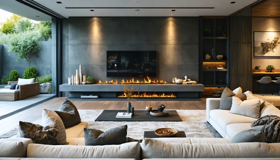 Large living room with TV and fireplace positioned side-by-side on same wall with sectional sofa facing both