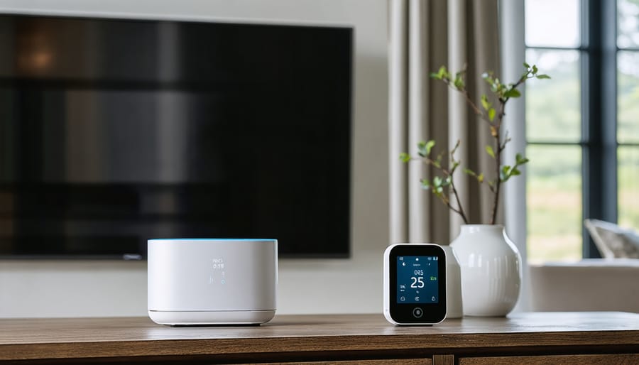 Homeowner adjusting programmable thermostat in modern living room