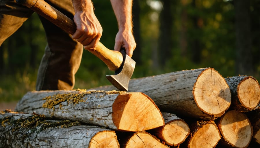 Person in work gloves and boots prepares to split a log round with a wedge-headed maul on a sturdy shin-height chopping block, with stacked firewood, a cabin, and pine trees softly blurred in warm golden-hour light.