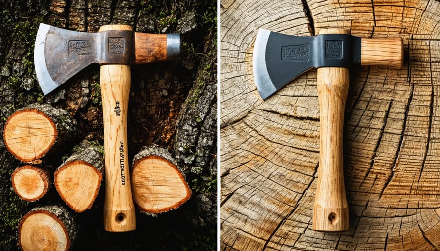 Splitting maul and splitting axe displayed side by side on wooden chopping block