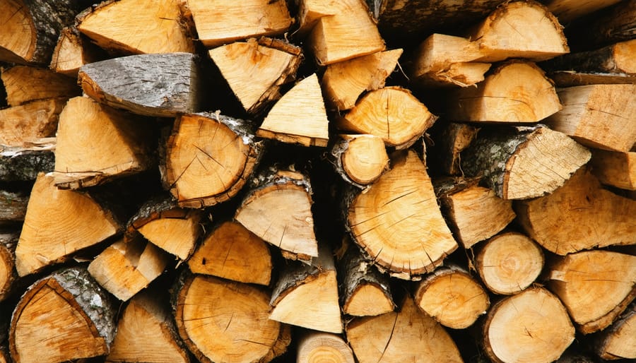 Neatly stacked split firewood with splitting tools beside rustic barn
