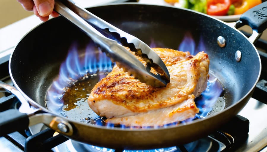 Close-up at a 45-degree angle of a hand using tongs to sear chicken in a heavy stainless-steel skillet over a blue gas flame with shimmering oil, while a softly blurred saucepan simmers and vegetables cook on nearby burners.