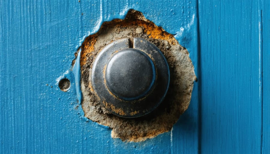 Corroded and stuck fireplace flue knob showing rust and mineral buildup