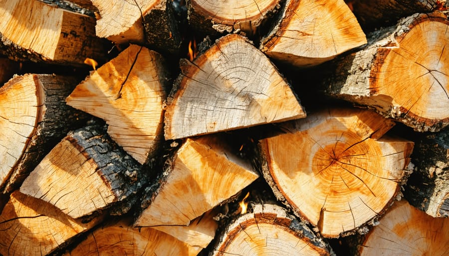 Stack of kiln-dried firewood next to clay chiminea with minimal smoke