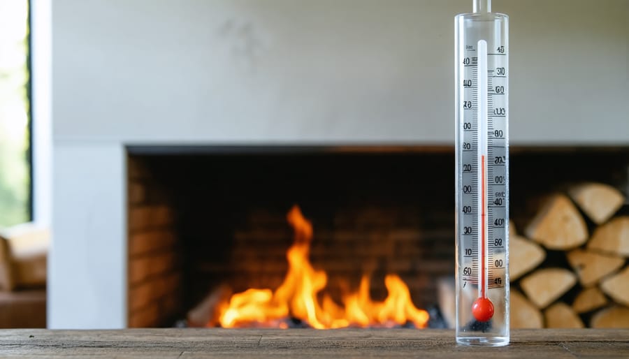Temperature adjustment hydrometer mounted on fireplace mantel with burning fire in background
