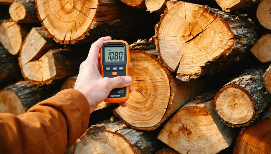 Hands using moisture meter to test firewood moisture content