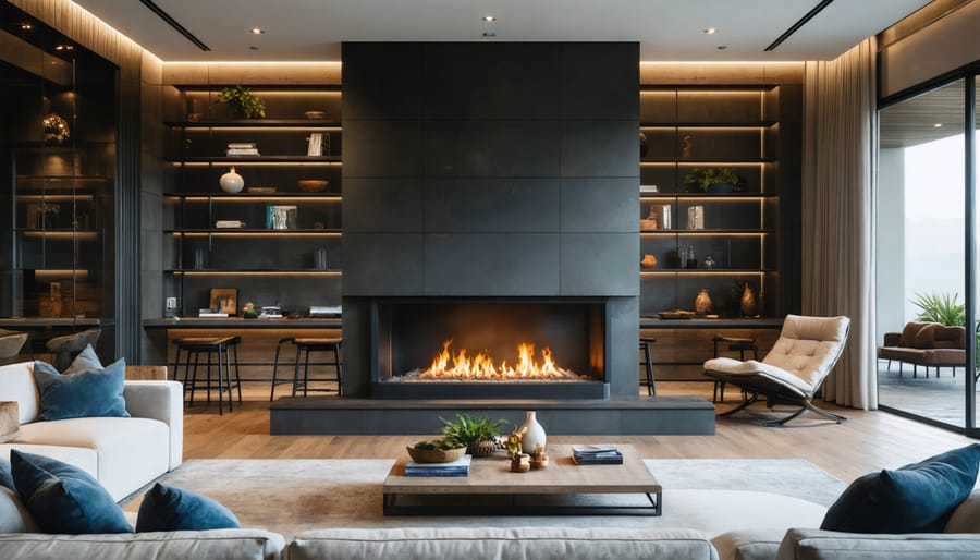 Three-sided gas fireplace separating living room and dining area in modern open-concept home