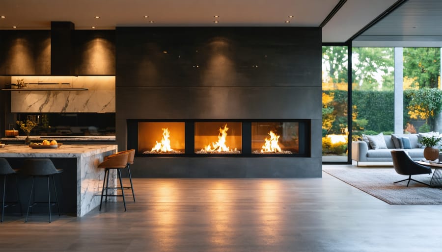 Three-sided gas peninsula fireplace centered between kitchen, dining, and living areas in a modern open-concept home, glowing at golden hour with warm, contemporary finishes.