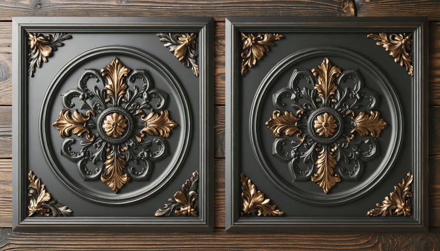 Traditional cast iron fireplace insert with decorative details in brick surround with wooden mantel