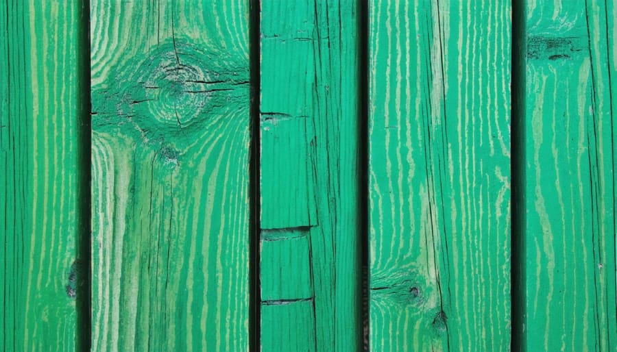 Close-up of pressure-treated lumber showing greenish chemical tint on wood surface