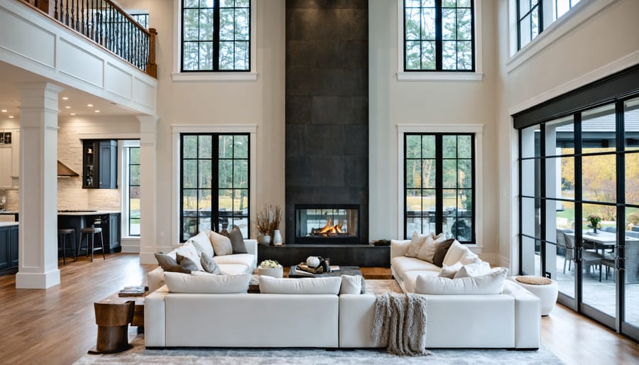 Dramatic two-story stone fireplace extending from floor to ceiling in modern living room
