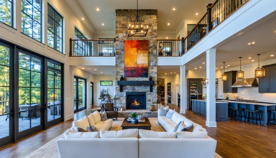 Low-angle wide shot of a two-story stacked-stone fireplace in a double-height living room, with layered hearth decor, substantial mantel styling, oversized artwork near the ceiling, warm sconces, a modern chandelier, and tall windows revealing blurred treetops outside.