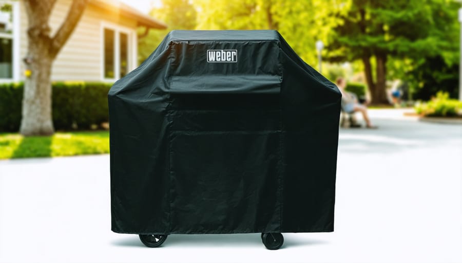 Weber grill with protective cover on outdoor deck in autumn