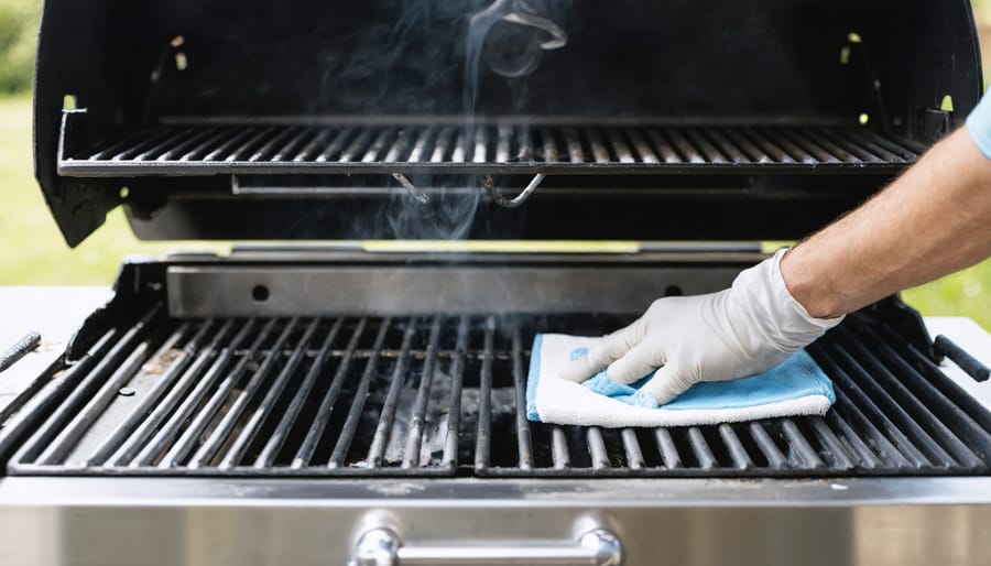 Disassembled Weber grill parts laid out on workbench for deep cleaning