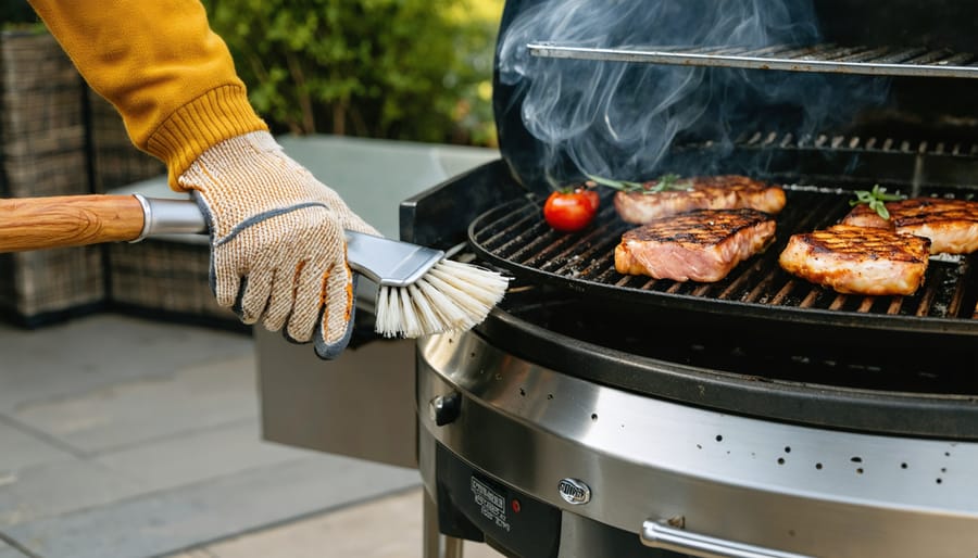 Close-up of a person wearing a heat-resistant glove brushing stainless-steel cooking grates on a clean gas grill at golden hour, with a charcoal kettle grill, ash catcher, and potted herbs softly blurred in the background.