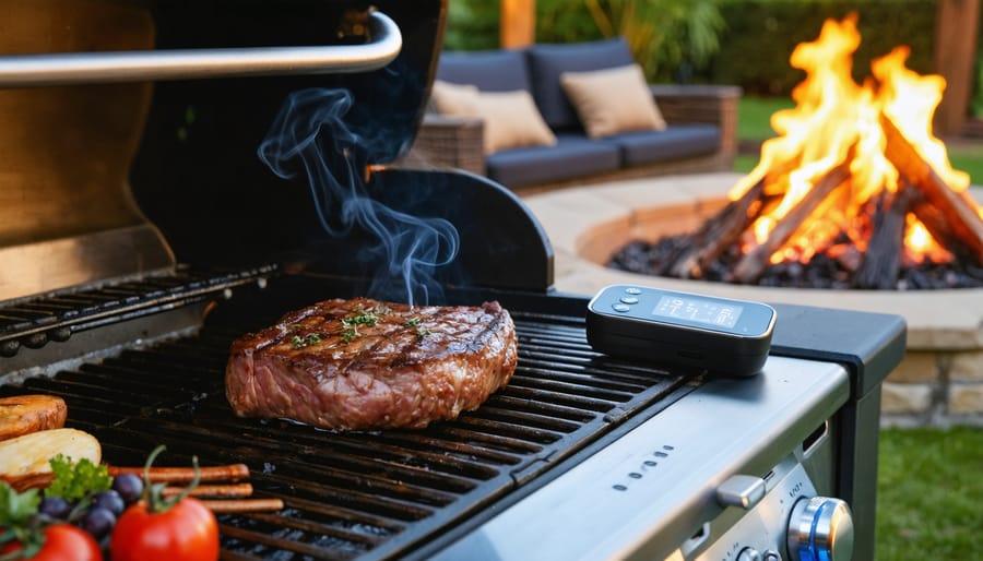 Close-up of a dual-probe wireless meat thermometer in a steak on a stainless grill with the transmitter on the side shelf, smoke rising, and a blurred backyard fire pit scene where a guest glances at a phone.