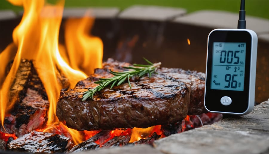 Wireless digital meat thermometer with probes inserted in steak cooking on fire pit grill