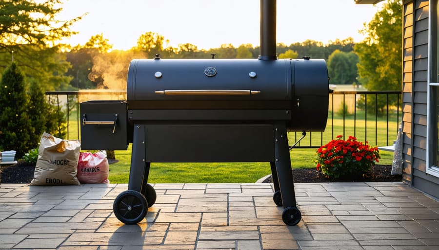 Large XL pellet smoker with side hopper on a suburban patio at golden hour, showing ample clearance with patio, railing, lawn, trees, and plain unbranded pellet bags in the background.