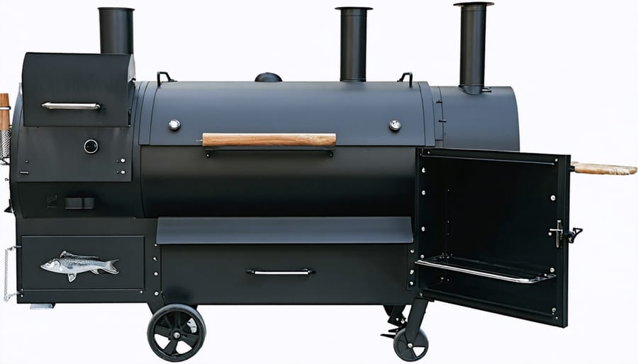 Side-by-side comparison of four different XL pellet smoker models on outdoor patio