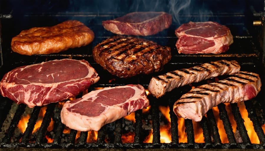 Large XL pellet smoker with multiple racks filled with ribs, brisket, and chicken on backyard patio