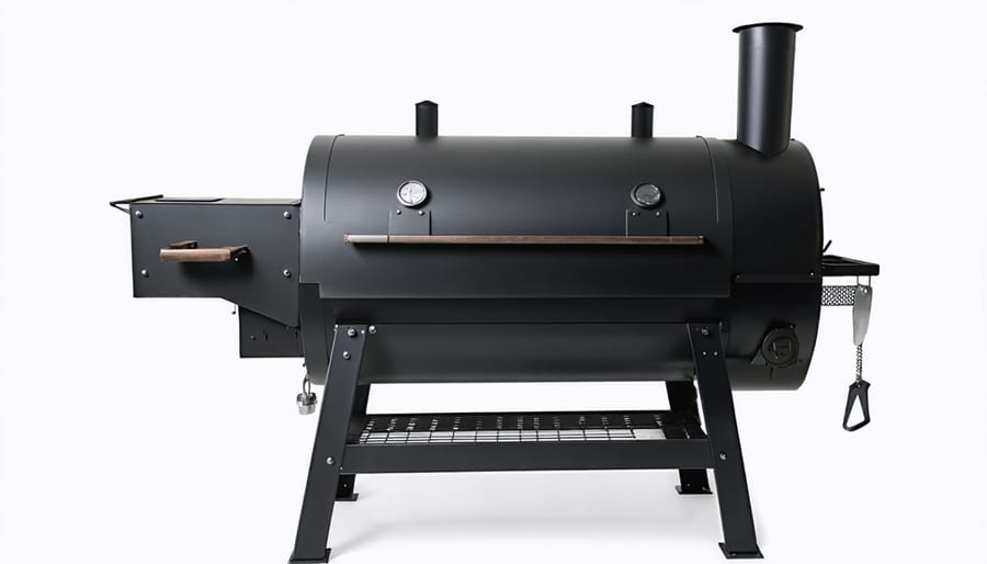 Person cleaning XL pellet smoker grates and performing routine maintenance on patio