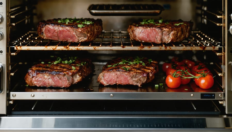 Interior view of XL pellet smoker chamber showing brisket with temperature probe and smoke