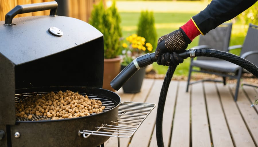Gloved hand vacuuming ash from the firepot of an open pellet grill on a backyard deck, with grates and drip tray removed, warm evening light, and slightly blurred patio furniture in the background; no visible logos or text.