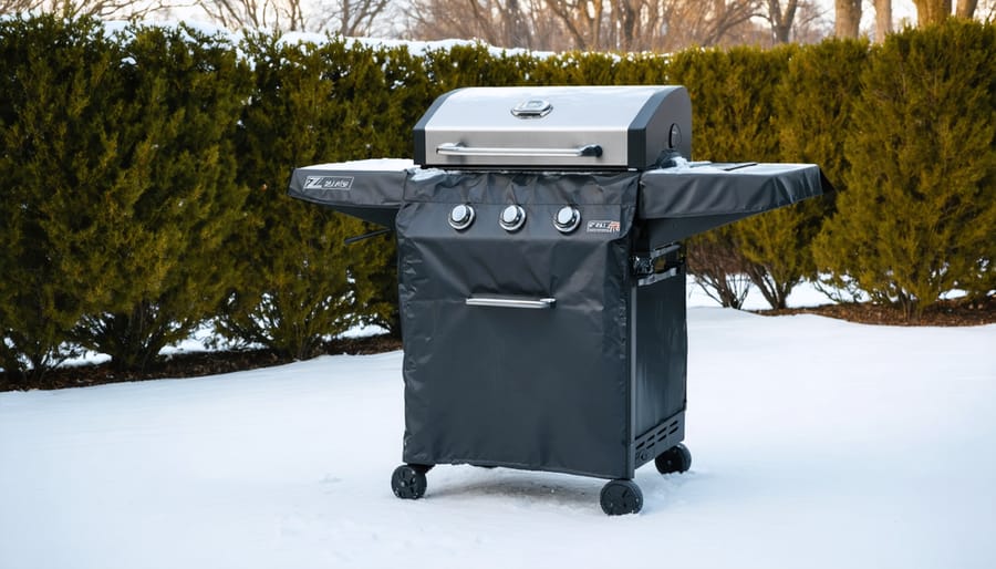 Z Grill pellet smoker covered with waterproof cover in winter outdoor setting
