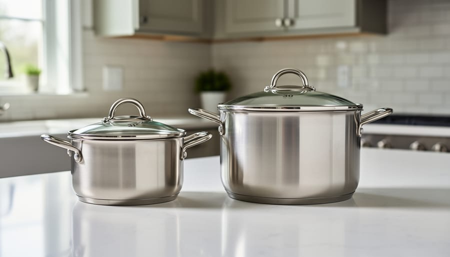 Side-by-side comparison of 3-quart and 4-quart stainless steel saucepans on kitchen counter
