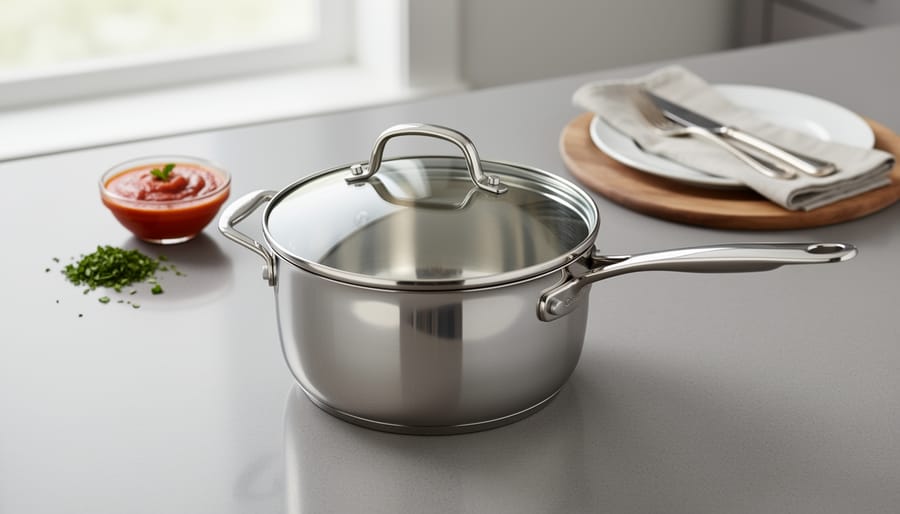 Overhead view of homemade marinara sauce being stirred in 3-quart saucepan