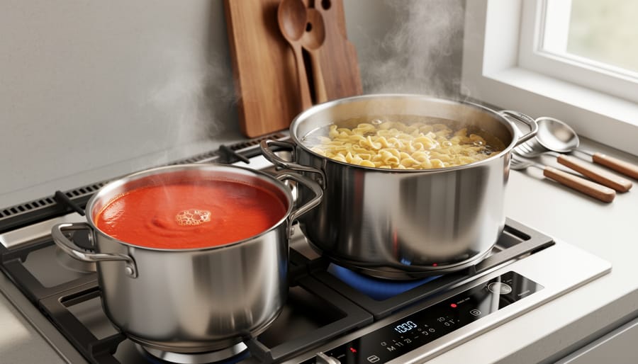Two stainless steel saucepans on a modern stovetop, smaller pan simmering tomato soup and larger pan boiling pasta with extra headroom, photographed from a 45-degree above angle in soft daylight with a blurred kitchen background.