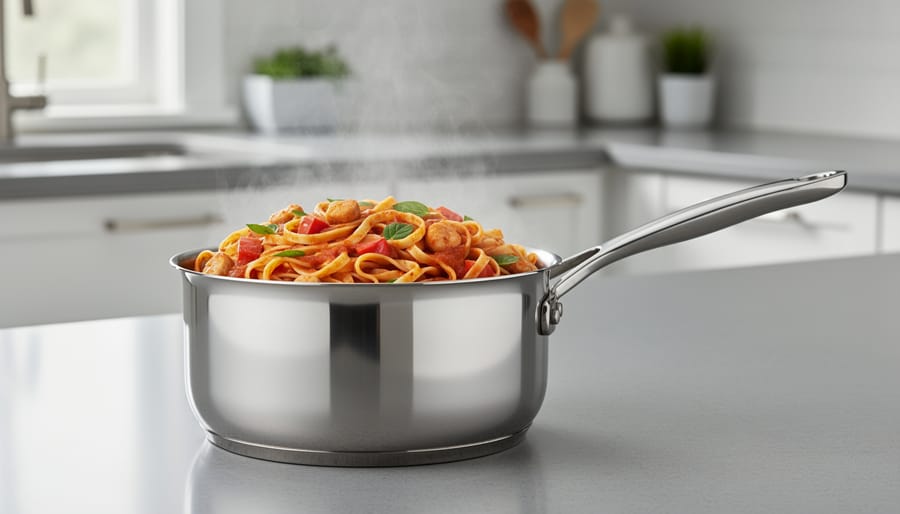 4-quart saucepan with boiling pasta on stovetop with steam rising