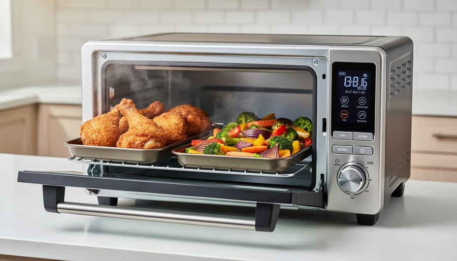 Air-fried chicken wings and roasted vegetables prepared in 5-in-1 oven displayed on plate