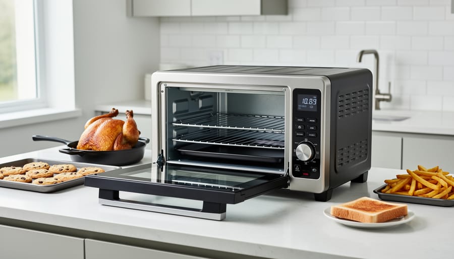 Modern stainless steel 5-in-1 countertop oven with digital display on kitchen counter