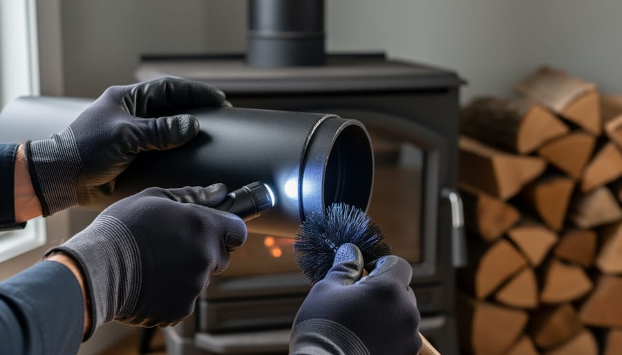 Close-up of gloved hands inspecting a 7-inch black wood stove pipe joint with a flashlight while holding a chimney brush, with a warm cabin stove and stacked firewood softly blurred in the background.