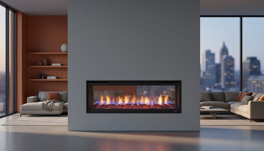 Straight-on wide shot of a 72-inch electric fireplace insert with orange and blue flames in a modern living room featuring neutral seating, minimalist shelving, and tall windows.