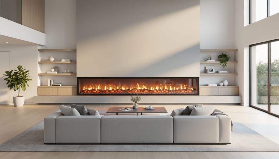 72-inch electric fireplace insert installed in modern living room wall with contemporary furniture