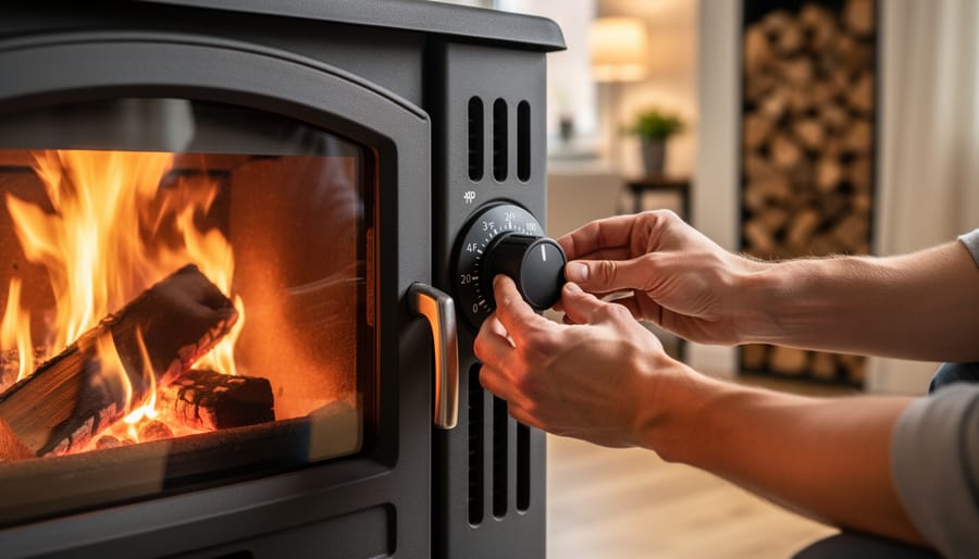 Close-up of hand adjusting air control lever on multi-fuel stove