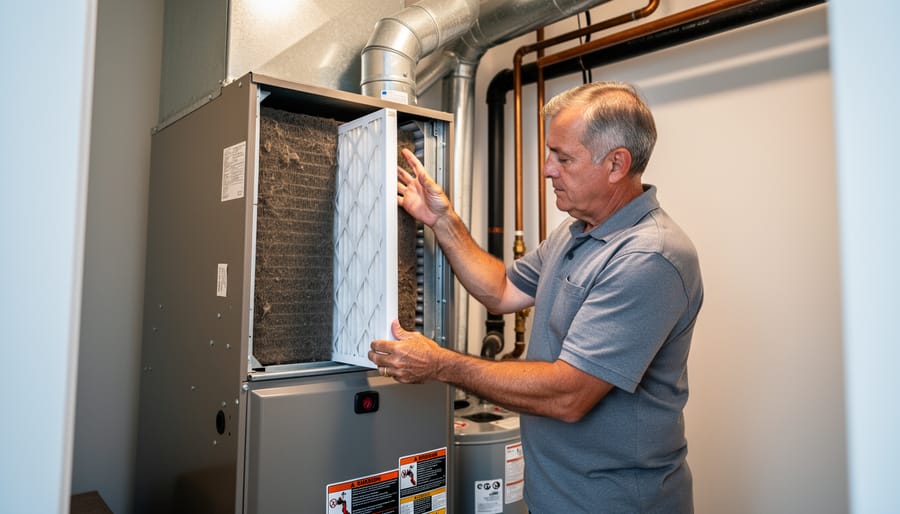 Technician hands replacing air filter in residential air handler unit