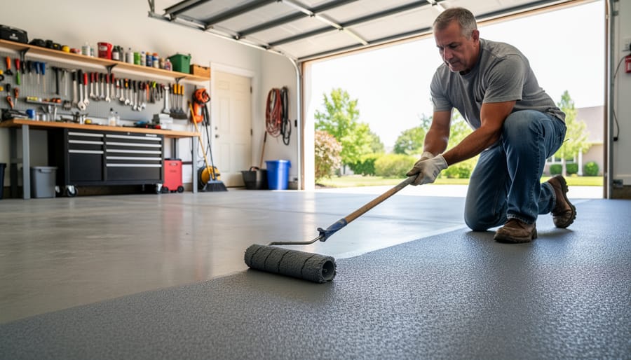 Homeowner applying rubber floor coating with roller near basement wood stove