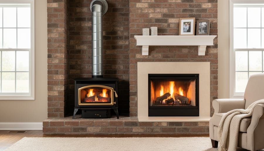 B-vent gas fireplace insert with visible double-wall ventilation pipe installed in brick chimney