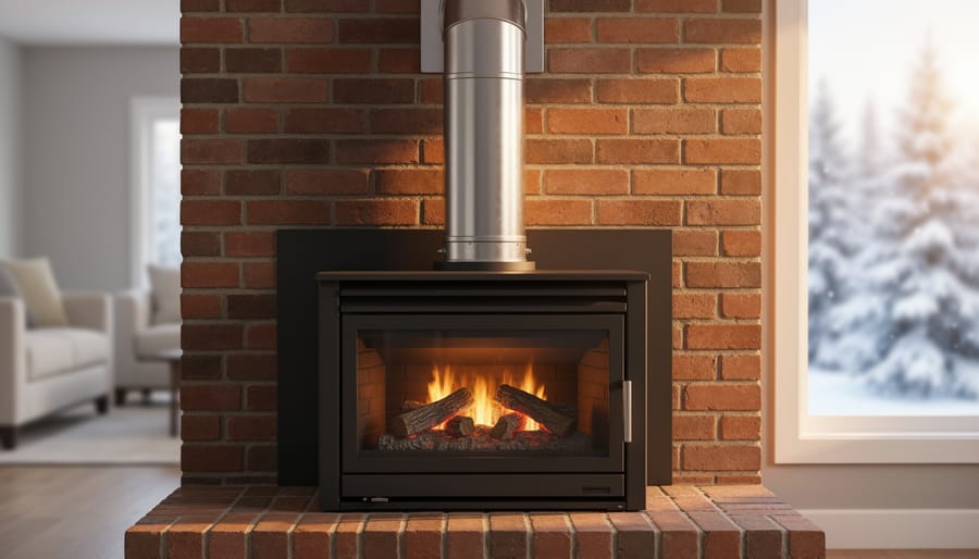 Gas fireplace insert in a brick hearth with a visible double-wall B-vent pipe running straight up into the chimney, with a softly blurred living room and snowy trees outside a window in the background.