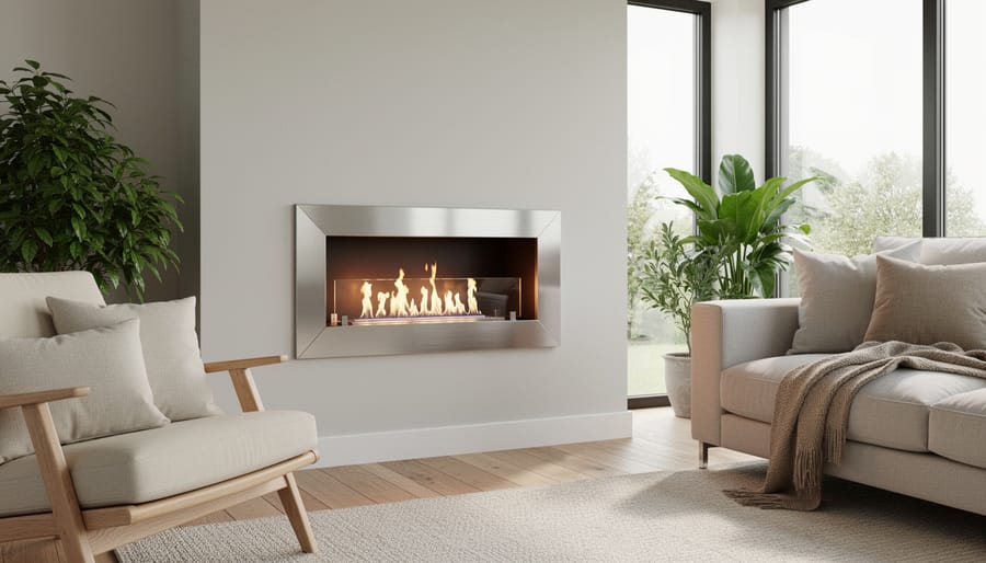 Clean-burning bioethanol fireplace with transparent flames in modern living room
