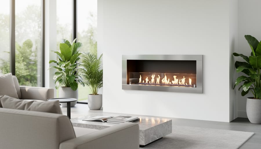 Modern bioethanol fireplace with clean flames in bright contemporary living room