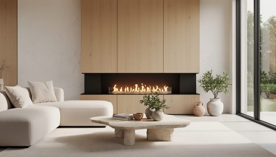 Modern bioethanol fireplace with flames against concrete wall
