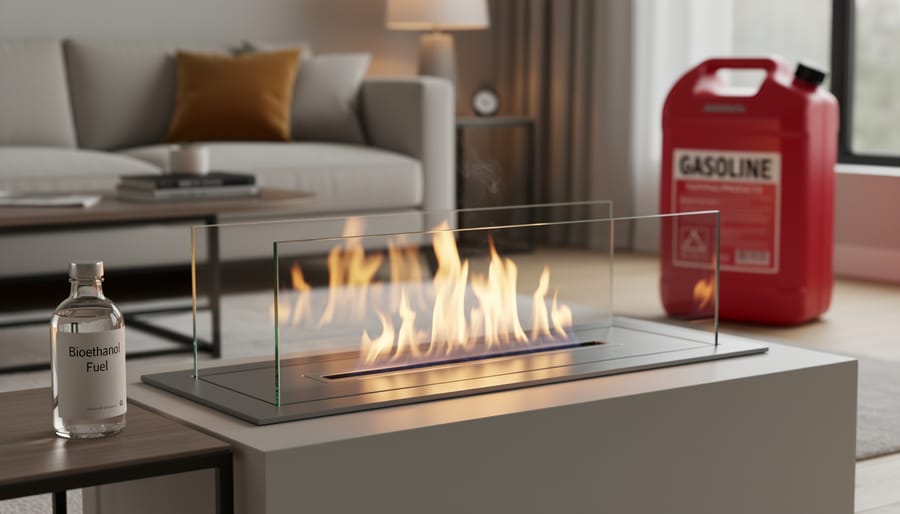 Side-by-side view of bioethanol fireplace and gasoline container showing fuel alternatives